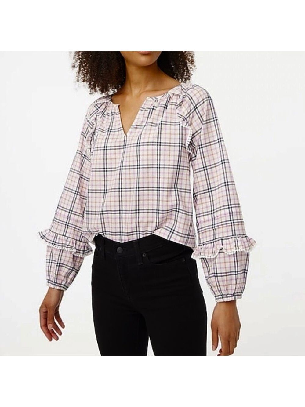 J. Crew Plaid Ruffle Trim Peasant Top Warm Ivory Rose size medium